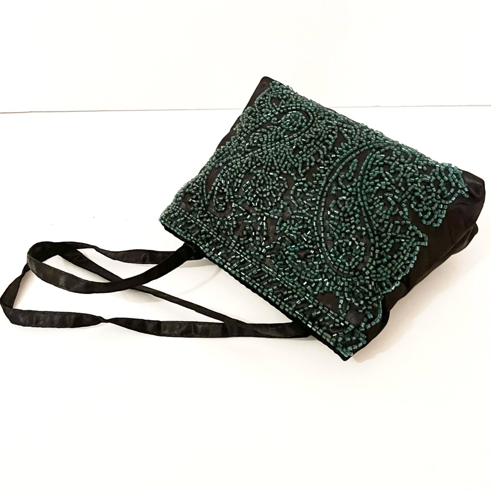 Vintage Teal Green Beaded Evening Bag Black Satin - Picture 5 of 15